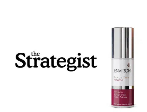 A sleek silver and maroon environ focus care youth+ 3d-energe filter crème bottle with a metallic cap.