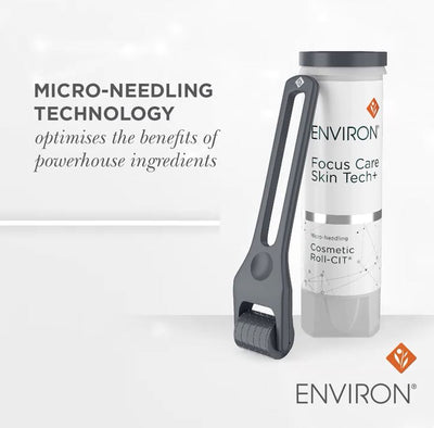Black micro-needling roller with a sleek, ergonomic design next to its white and gray environ focus care skin tech+ product tube.