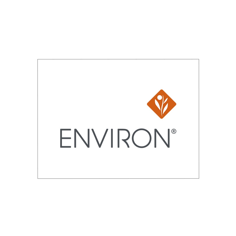 The official Environ skincare logo features clean grey typography alongside a stylized orange diamond icon with white botanical elements.