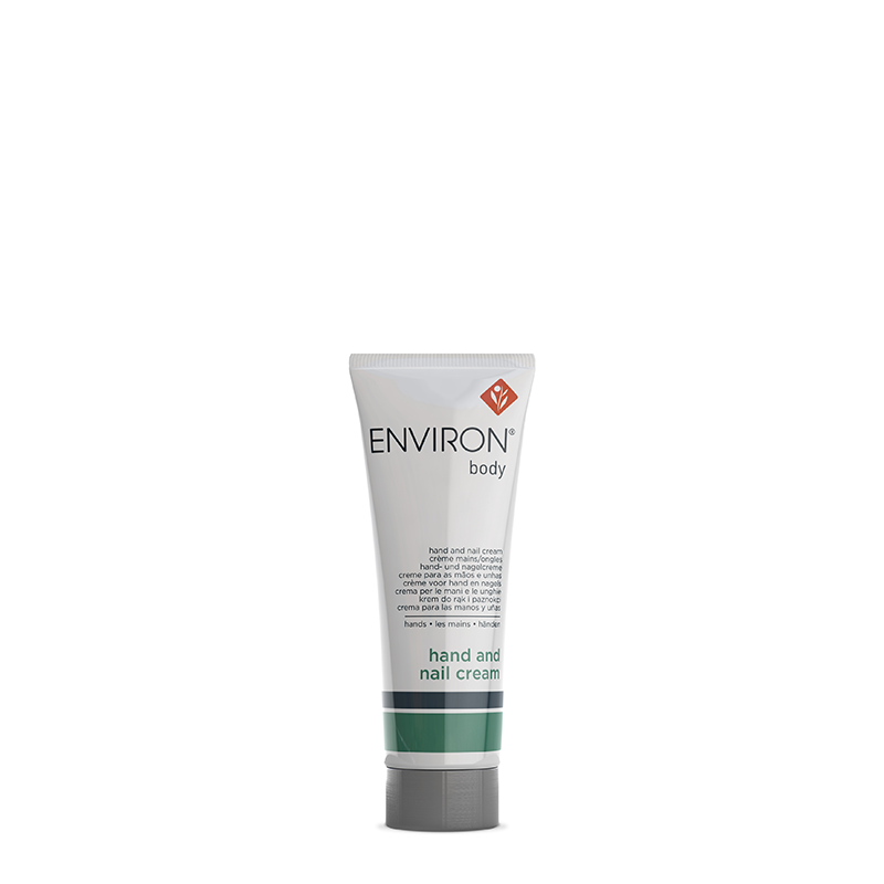 A tube of Environ Body Hand and Nail Cream stands upright against a plain white background, highlighting its moisturizing skincare formula.