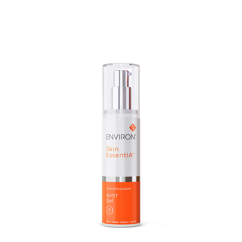 A pump bottle of Environ Skin EssentiA Vita-Antioxidant AVST Gel facial skincare stands centered against a white background.