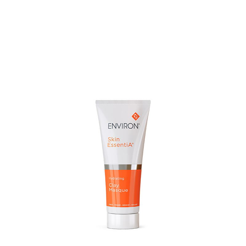 A white and orange tube of Environ Skin EssentiA Hydrating Clay Masque stands upright against a plain white background.