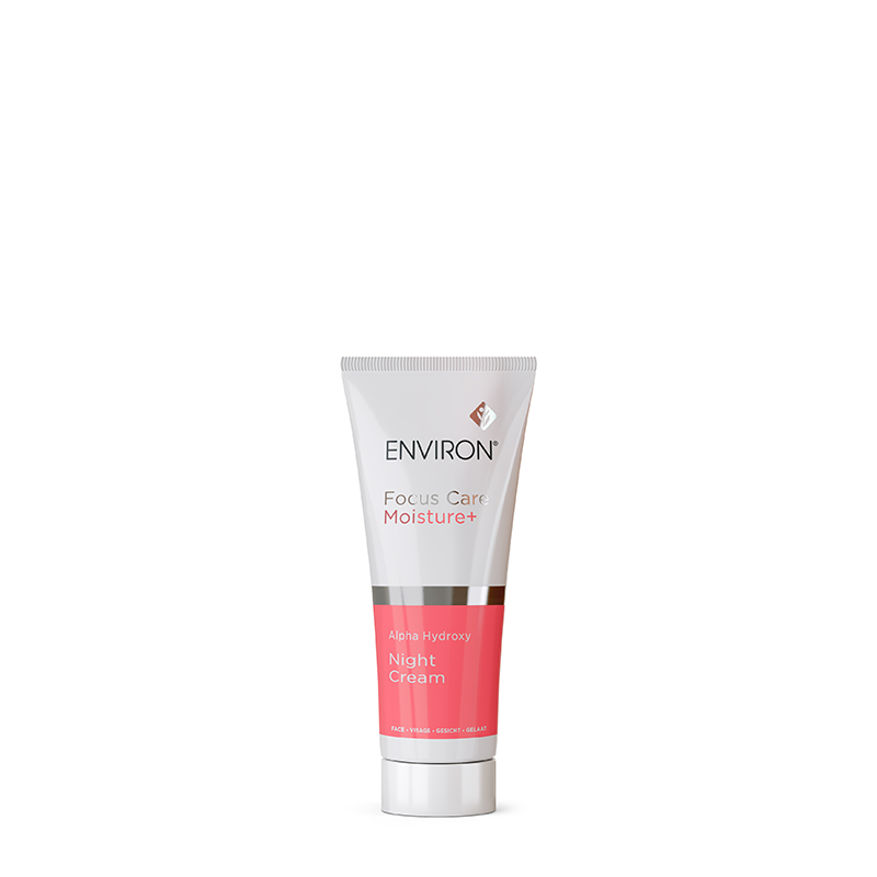 A tube of Environ Focus Care Moisture+ Alpha Hydroxy Night Cream stands upright against a clean white background.