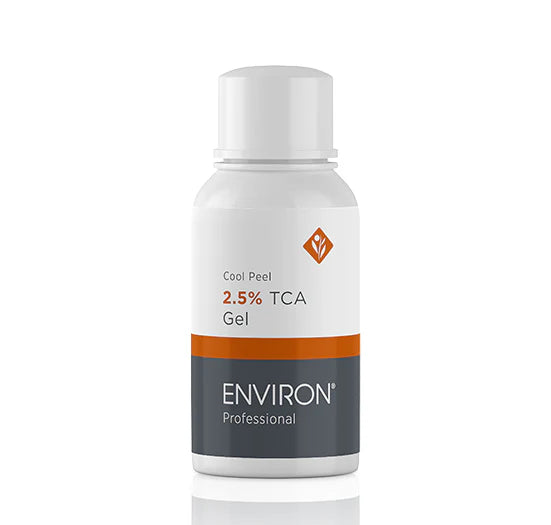 A white bottle of Environ Professional Cool Peel 2.5% TCA Gel skincare treatment stands against a clean white background.
