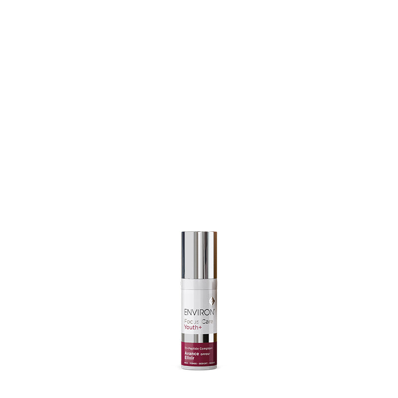 A sleek bottle of Environ Focus Care Youth+ Tri-Peptide Complex+ Avance Elixir anti-aging serum stands against a clean white background.