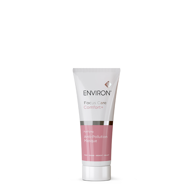 A sleek white and pink tube of Environ Focus Care Comfort+ Purifying Anti-Pollution Masque stands against a plain white background.