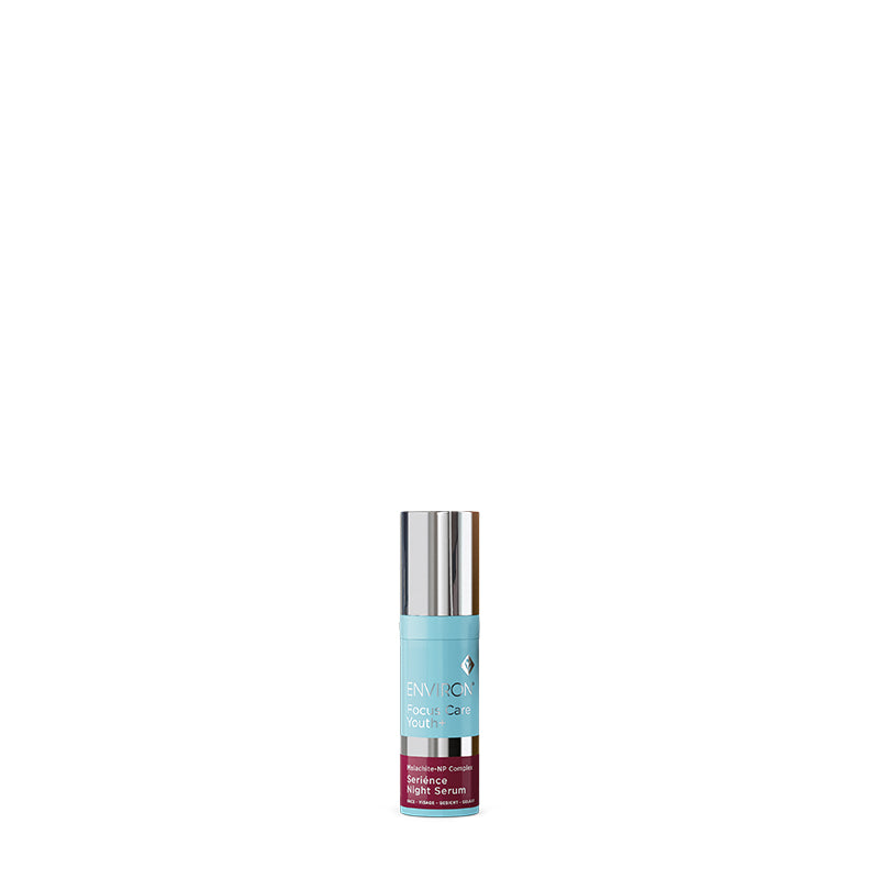 An Environ Focus Care Youth+ Serience Night Serum bottle stands upright, showcasing its sleek light blue and silver packaging on a clean white background.
