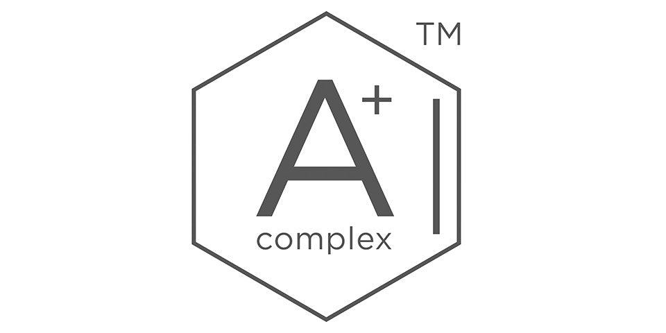 A minimalist black and white hexagonal logo featuring the text ’a+ complex’ inside, with a trademark symbol above.