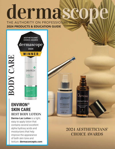 White and teal environ derma-lac lotion bottle with a sleek, cylindrical design.