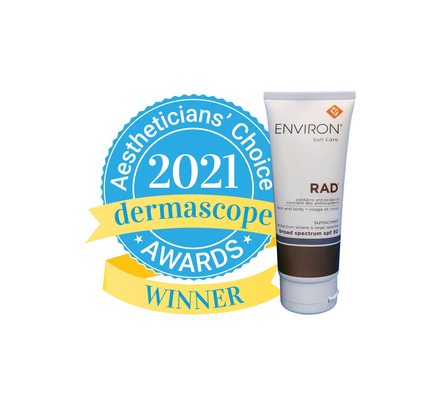 A white tube of environ rad sunscreen with a brown band and silver cap, labeled as broad spectrum spf 30.