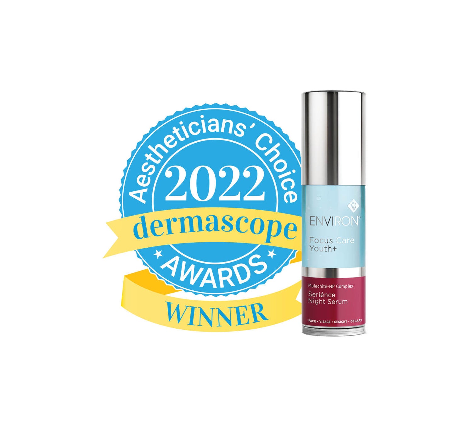 Silver-topped glass bottle of environ focus care youth+ seriènce night serum with a light blue and deep red label.