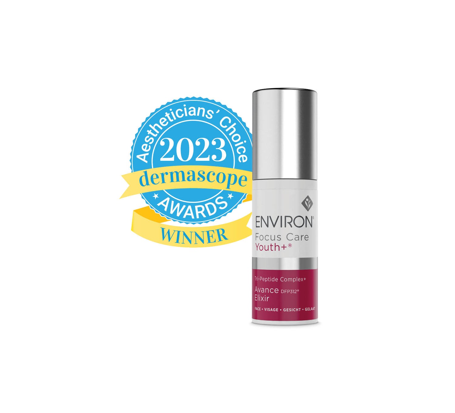 Silver-topped, white and maroon labeled environ focus care youth+ advance elixir serum bottle.