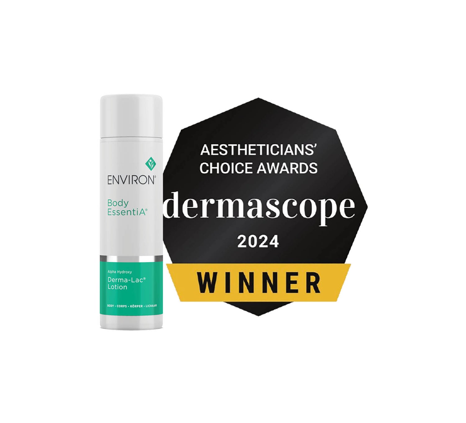 White cylindrical bottle of environ body essentia derma-lac+ lotion with a green band and silver cap.