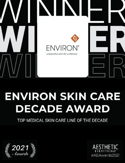 Environ skin care’s award logo, featuring an orange diamond-shaped emblem above the brand name on a white background.