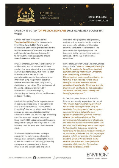 Black and gold press release with white text announcing environ skin care’s award win for top medical skin care at the aesthetic everything awards 2023.
