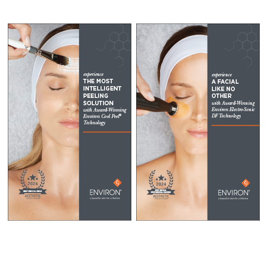 A woman receives professional facial treatments featuring award-winning Environ Cool Peel and Electro-Sonic DF technology for rejuvenated skin.