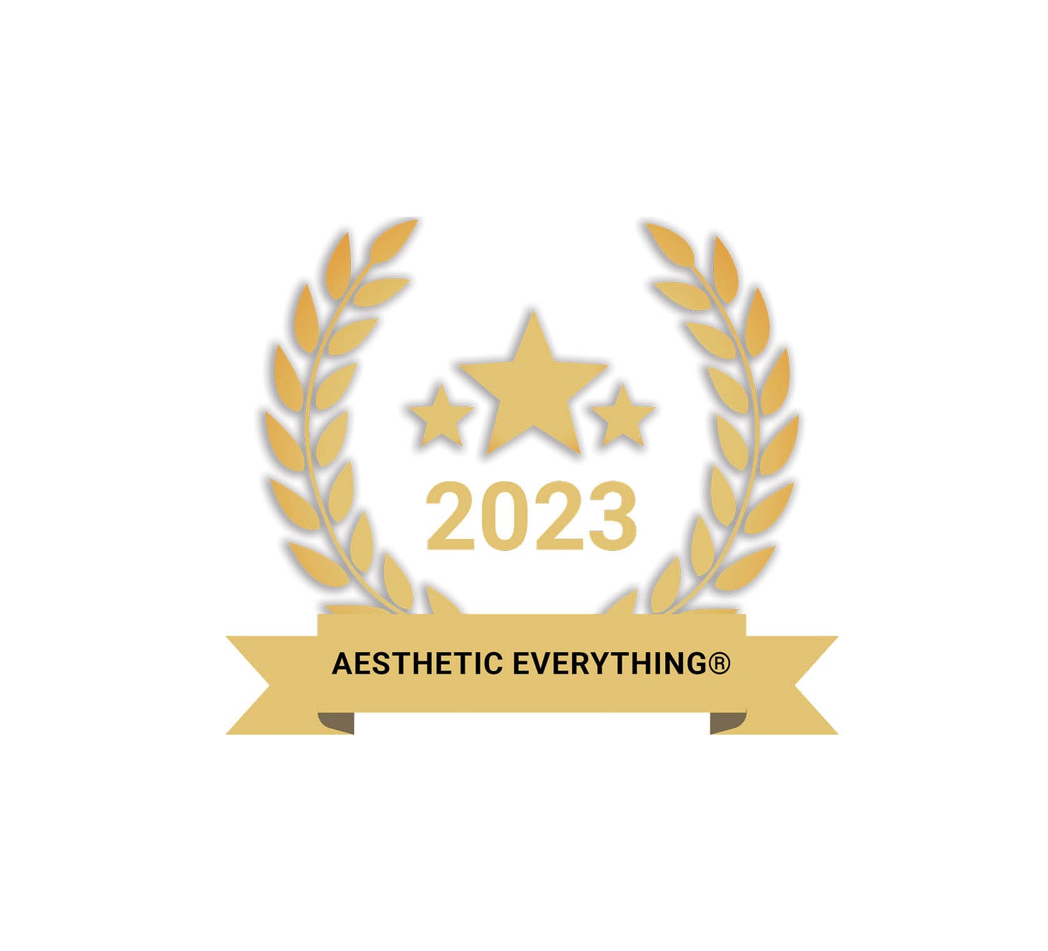 Gold laurel wreath emblem with three stars and the year 2023, featuring a ribbon banner that reads ’aesthetic everything®’.