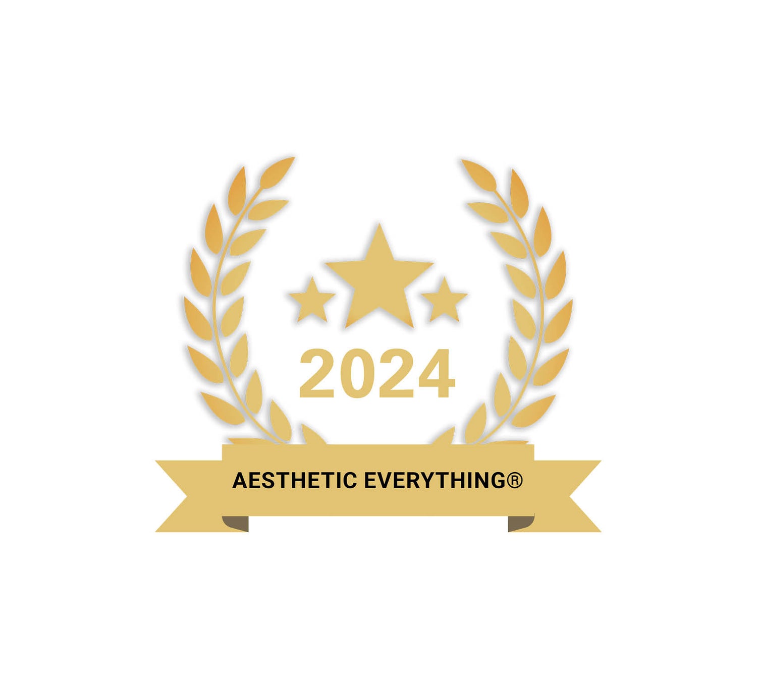 Golden laurel wreath emblem with three stars and the year 2024, featuring a ribbon banner that reads ’aesthetic everything®’.