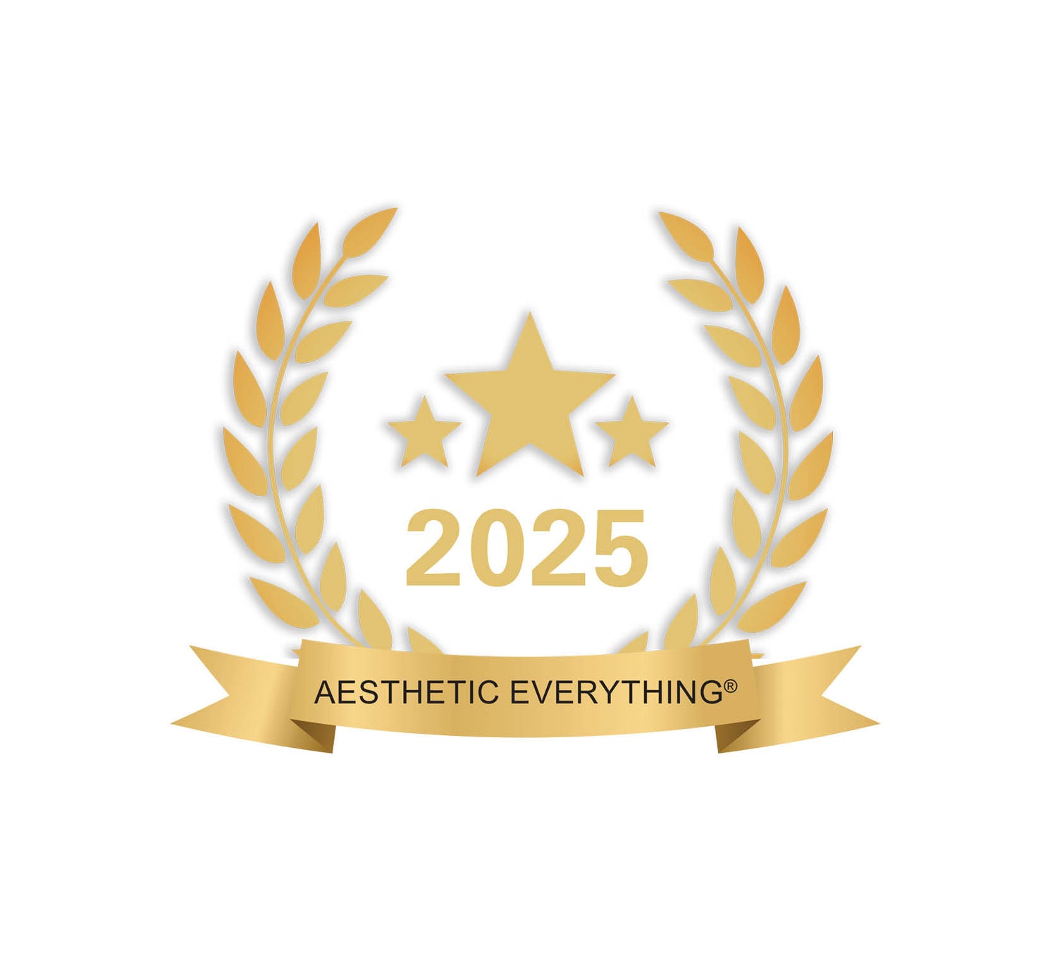 Golden laurel wreath emblem with three stars and the year 2025, featuring a ribbon banner that reads ’aesthetic everything®’.