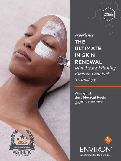 A woman with her eyes closed receives a white, gel-like facial peel treatment using environ cool peel technology.