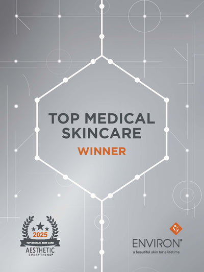 The image displays a sleek, modern award emblem with the text ’top medical skincare winner’ in bold black and orange lettering.