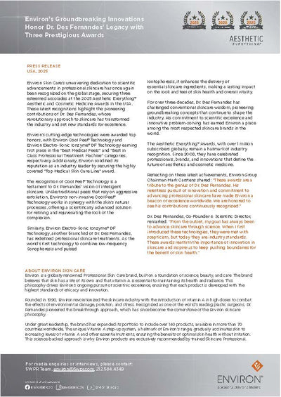 A sleek, modern press release document from environ skin care featuring a clean white background with black and gray text.