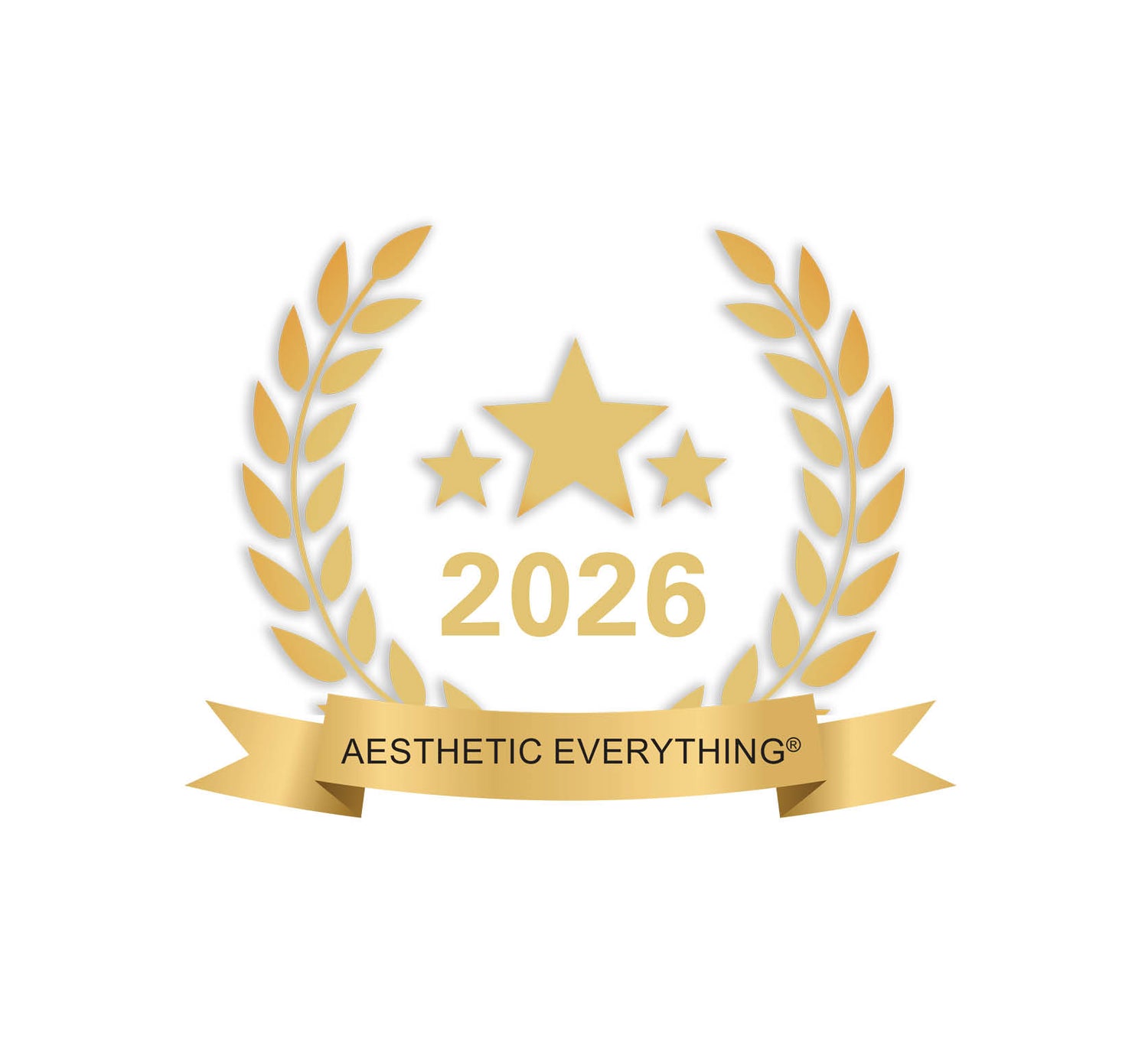 Golden laurel wreath emblem featuring three stars and the year 2026, with a ribbon banner displaying ’aesthetic everything®’.