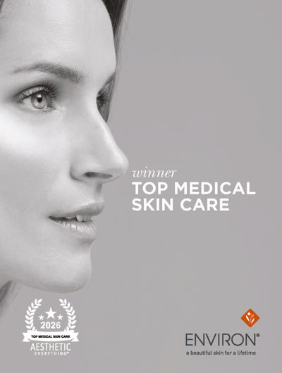 Environ’s 2026 top medical skin care award-winning product, presented in a minimalist grayscale design with elegant white typography and an orange logo.