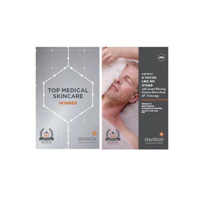 Gray and white promotional brochure for environ’s award-winning professional facial machine.