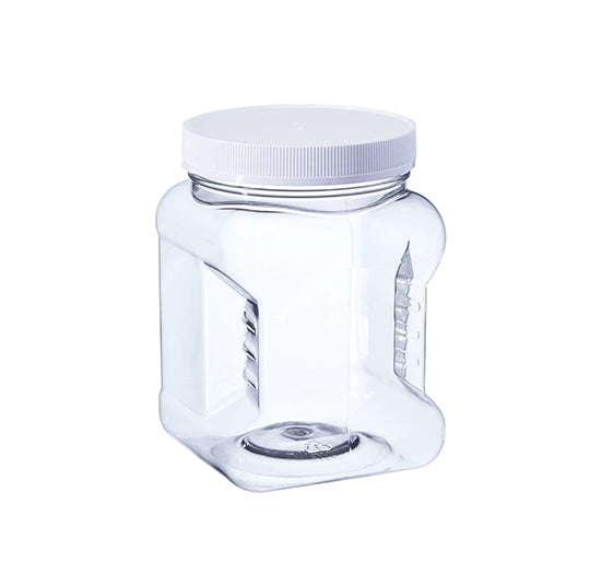 An empty clear plastic storage jar features molded side grips and a white ribbed screw-top lid.