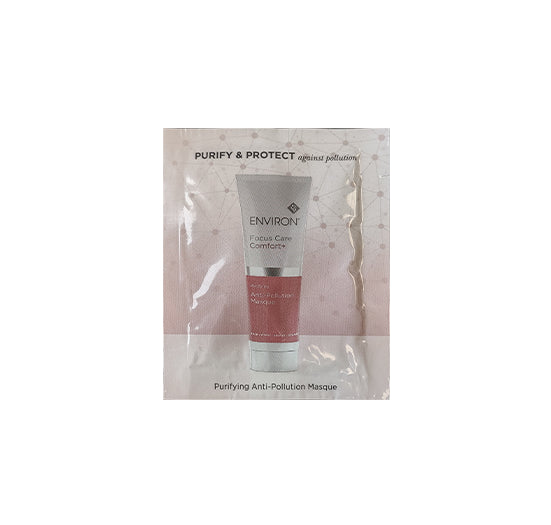 An Environ Focus Care Comfort+ Purifying Anti-Pollution Masque sample sachet rests inside a clear protective wrapper.