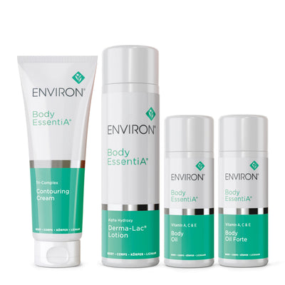 Environ body essentia skincare set featuring four white and teal bottles with silver accents, including a contouring cream tube, alpha hydroxy lotion bottle, vitamin a,c,e body oil, and fortified body oil.