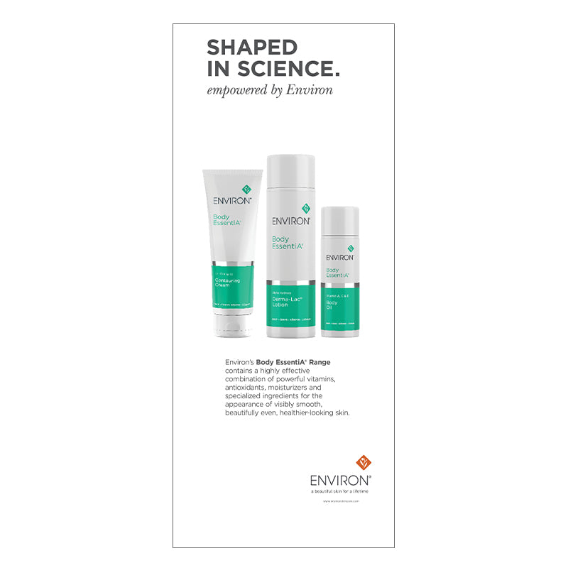 Environ highlights its Body EssentiA skincare range with a professional display of its contouring cream, Derma-Lac lotion, and body oil.