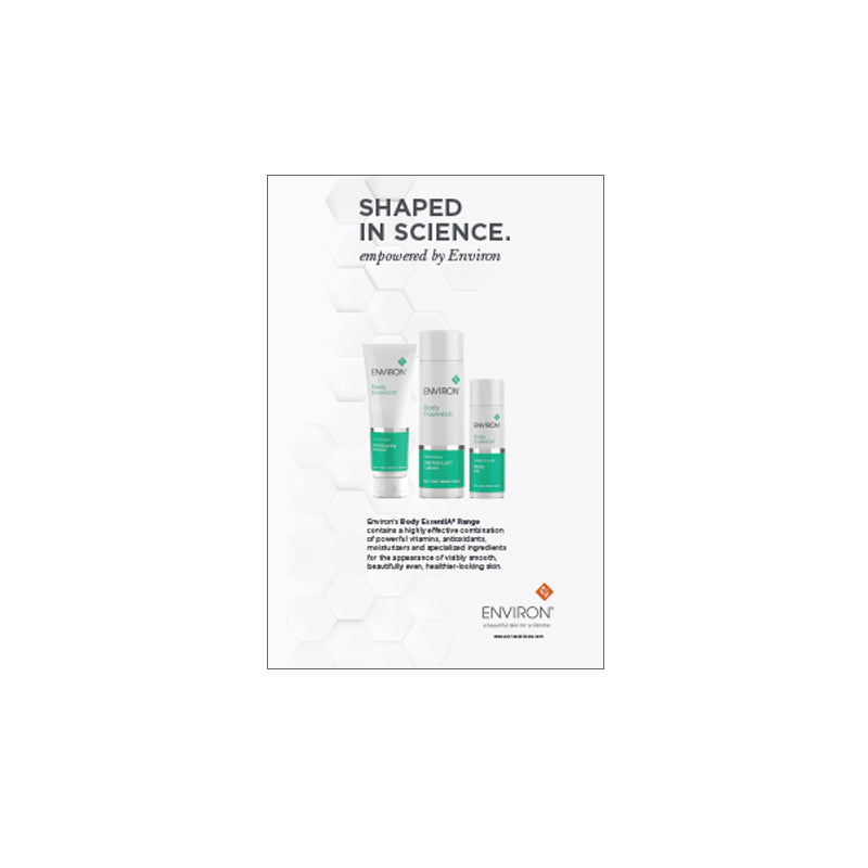 Three Environ Body EssentiA skincare products stand against a scientific honeycomb background, promoting vitamin-enriched formulas for healthier-looking skin.