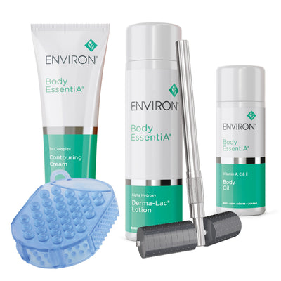 White and teal environ body essentia skincare set featuring contouring cream, alpha hydroxy lotion, body oil, and a blue silicone massage tool with textured bumps.