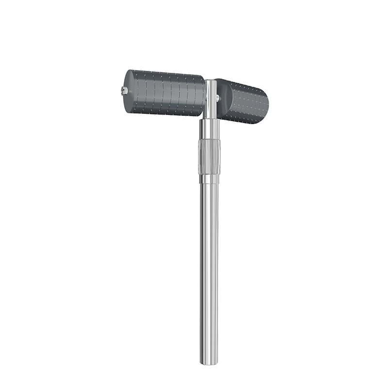 A professional wallpaper perforator tool features dual spiked rollers on an adjustable metal telescopic handle for efficient wall preparation.