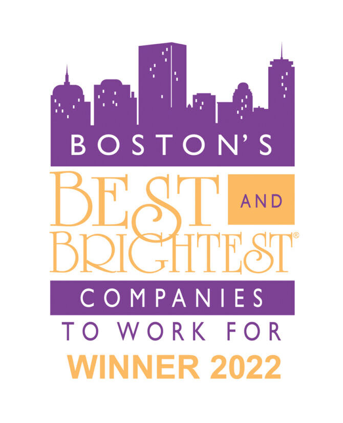Purple and gold logo featuring a stylized city skyline above the text ’boston’s best and brightest companies to work for winner 2022.’