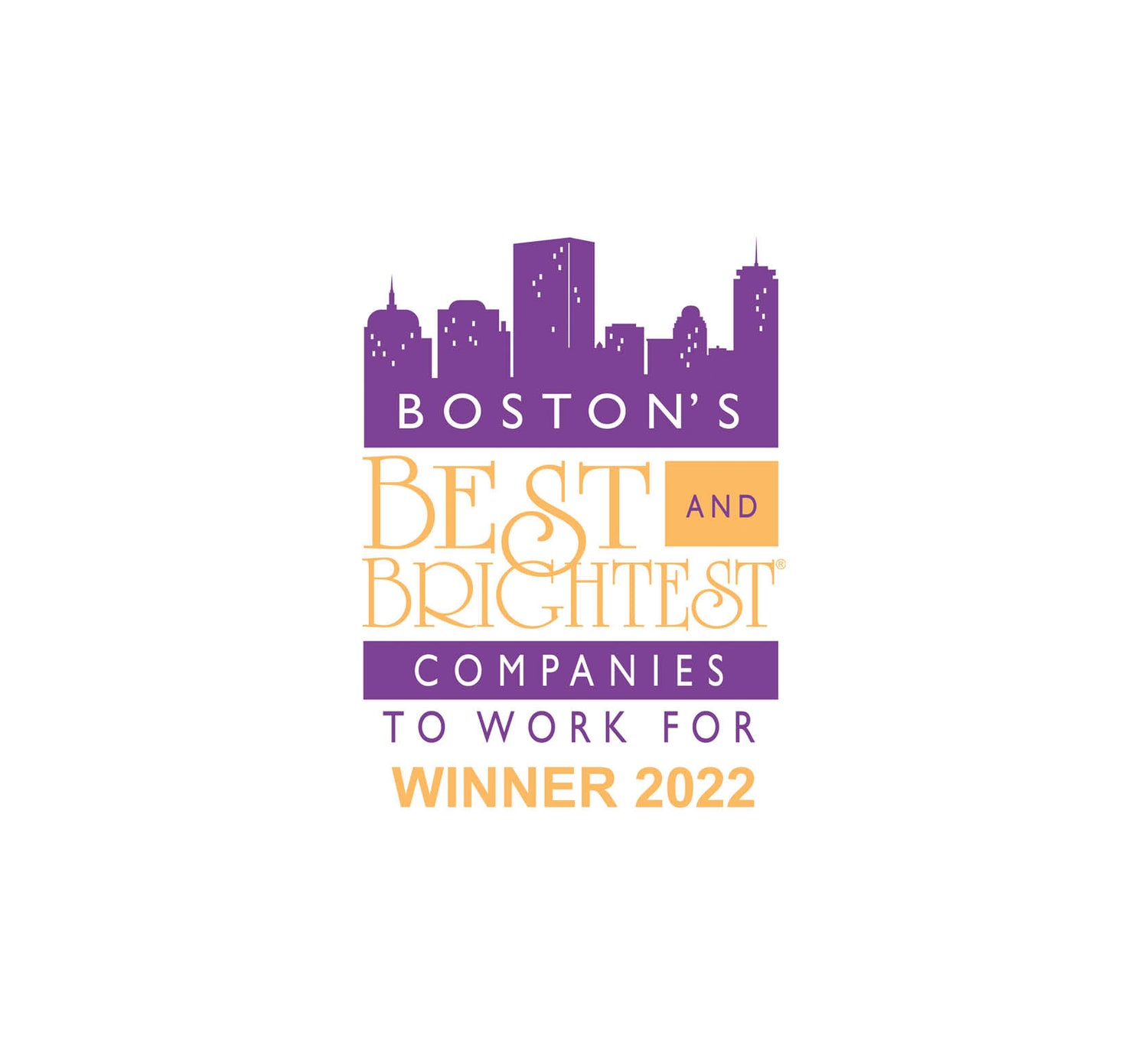 Purple and gold logo featuring a stylized boston skyline, with text reading ’boston’s best and brightest companies to work for winner 2022.’