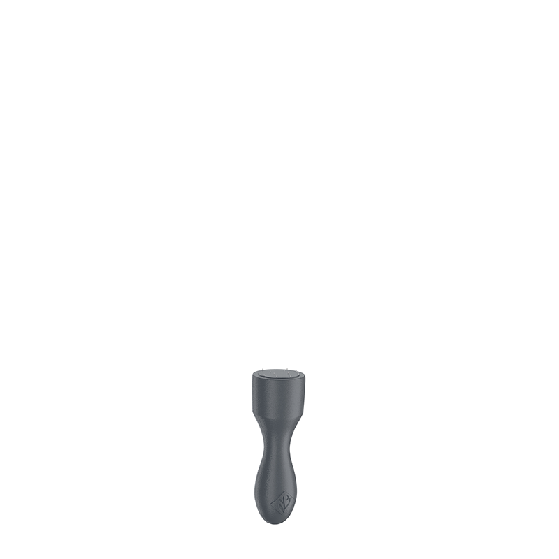 A charcoal grey floral pin tool with an ergonomic handle and sharp metal spikes stands against a white background.