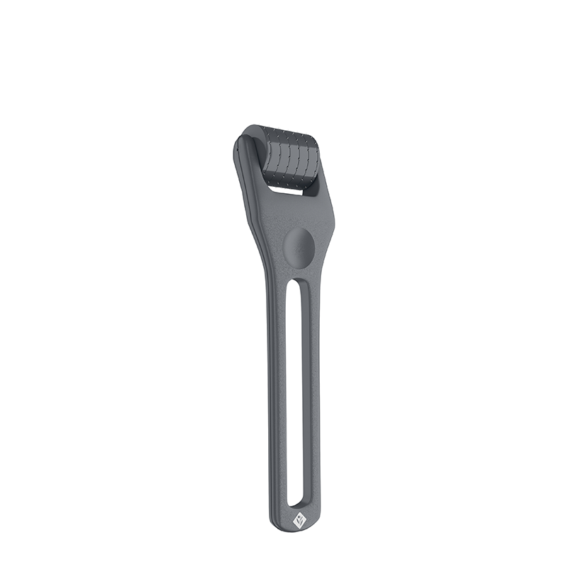 A sleek grey microneedling dermaroller features a textured roller head and an ergonomic handle for rejuvenating at-home skincare routines.