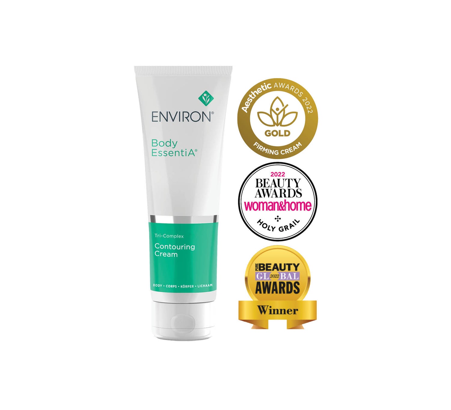 White tube of environ body essentia tri-complex contouring cream with a teal band and silver accent.