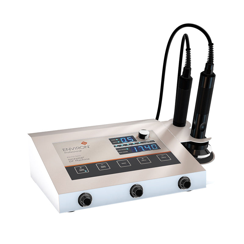 The Environ Professional Electro-Sonic Ionzyme DF Machine displays treatment settings on its digital interface alongside two handheld probes for advanced facial skincare.