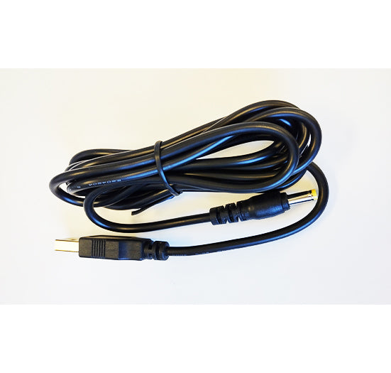 A coiled black USB to DC power cable with a barrel jack connector rests on a white background.