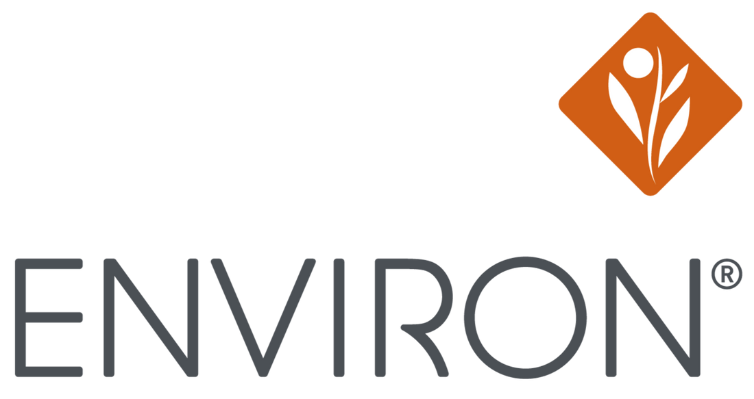 The logo features the word ’environ’ in a bold, gray sans-serif font beneath an orange diamond-shaped emblem containing white stylized leaves and a circle.