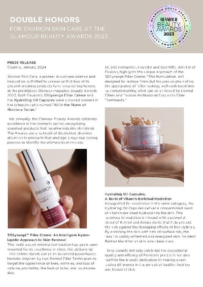 A sleek, transparent glass jar with a silver-toned lid and white label containing environ’s hydrating oil capsules.