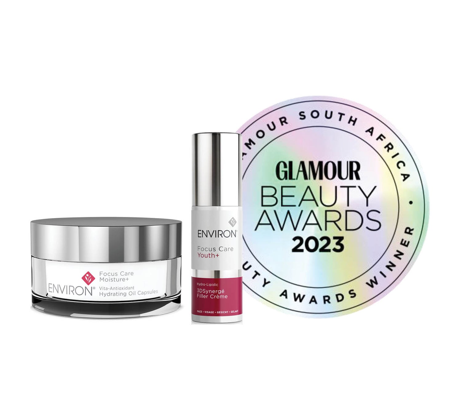 Silver and white environ skincare set featuring a jar of focus care moisture+ with a metallic lid and a bottle of focus care youth+ filler crème in a sleek, modern design.