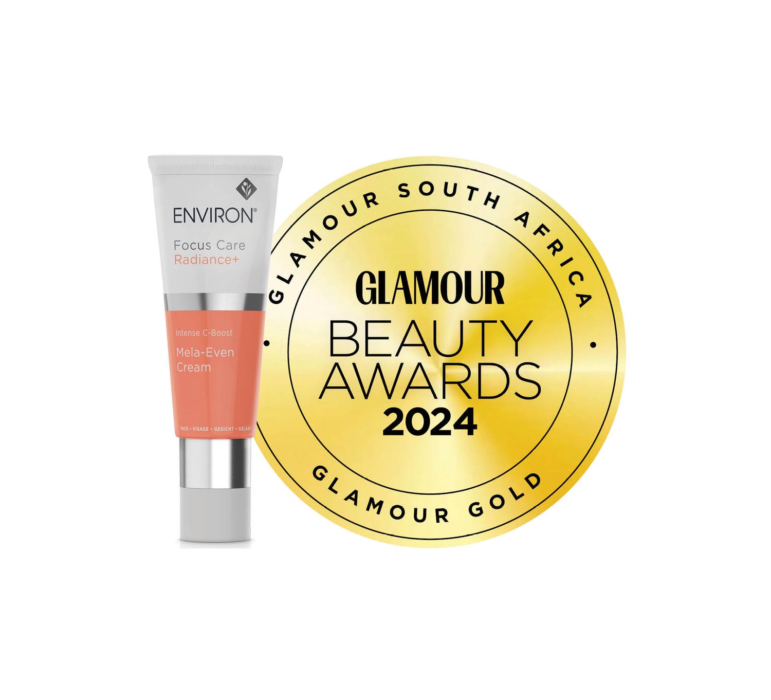 Environ focus care radiance+ mela-even cream in a sleek white and silver tube with coral-colored product visible inside.