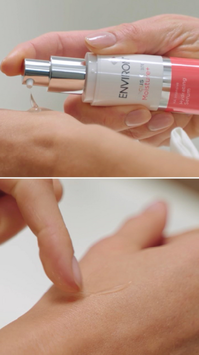 A sleek white and pink environ hydrating serum bottle with a silver pump dispenser.