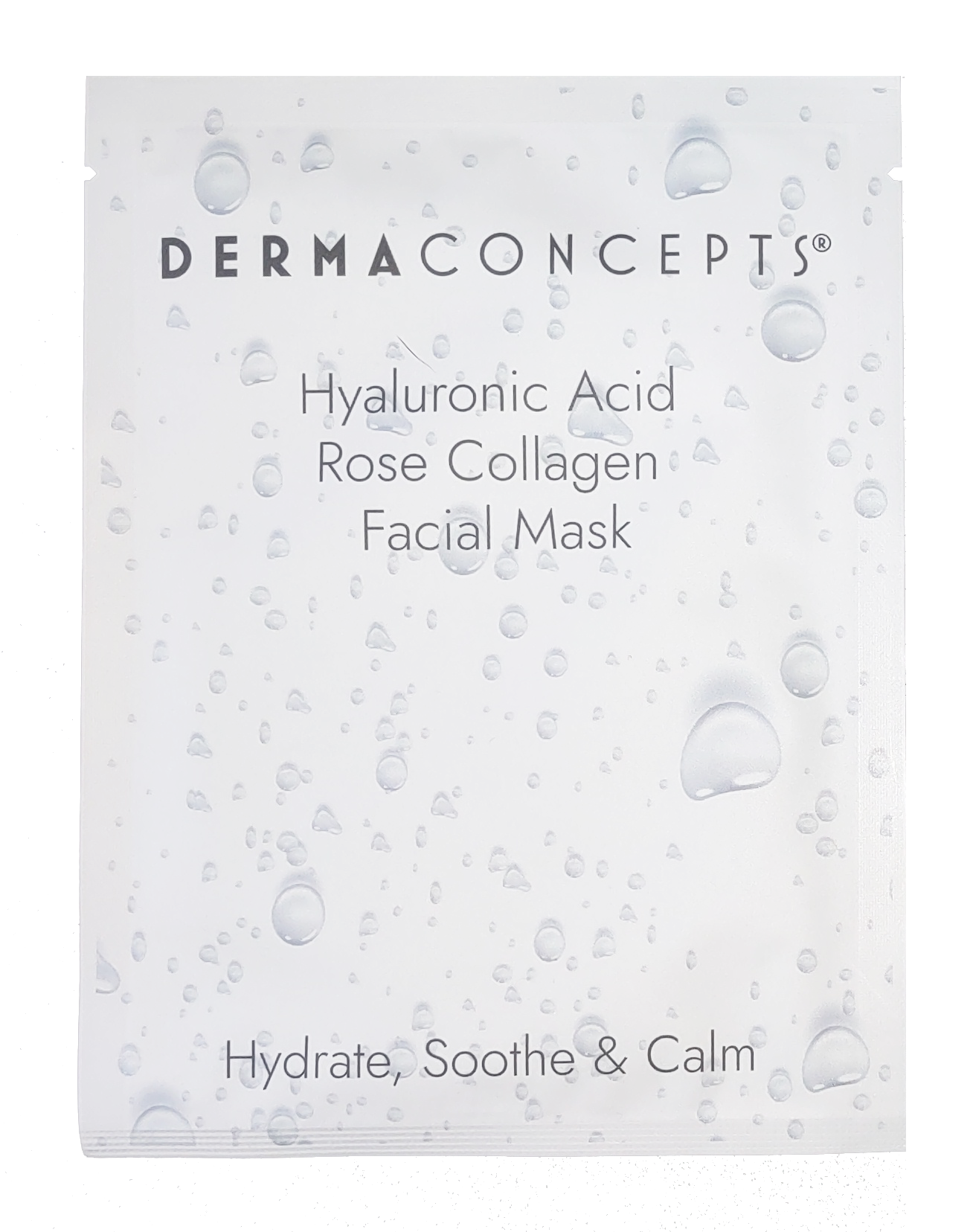 A Dermaconcepts Hyaluronic Acid Rose Collagen Facial Mask sachet features a clean white design with hydrating water droplet graphics.