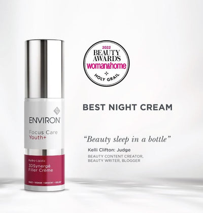 Silver-topped, white and magenta-labeled environ focus care youth+ 3d synergé filler crème bottle.
